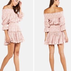 MISA Darla Mini Dress Womens Smal Pink Off the Shoulder Smocked x Revolve Floral